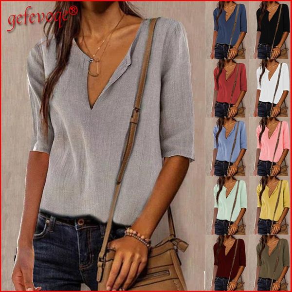 

women's blouses & shirts 2021summer women casual v neck solid short sleeve elegant oversized blouse loose cotton linen shirt blusas muj, White