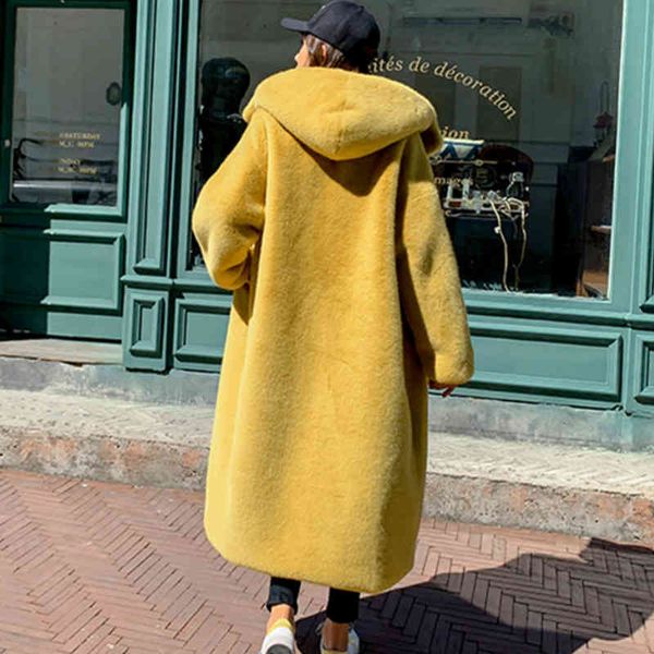 

women's fur & faux winter coat women rabbit hair korean hooded imitation mink long jacket loose thick warm ttvc, Black