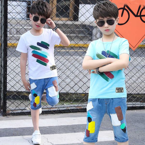 Ragazzi Vestiti Bambini Ragazzi T-shirt a maniche corte Denim Pantaloni corti 2 pezzi Vestiti Ragazzi adolescenti Tuta 4 6 8 10 12 14 Anni X0802