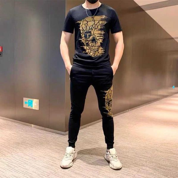 

men's tracksuits fashion drilling sportswear suit t-shirt+pants leisure, Gray
