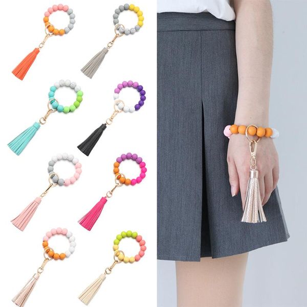 

keychains 1pc fashion silicone keychain portable wristlet bangle beaded chains house car keys ring holder with leather tassel jewelry gift, Silver