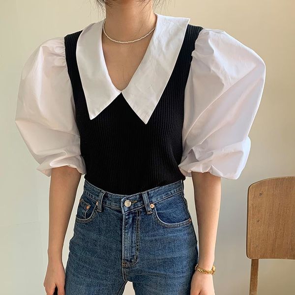 

women contrast color patchwork blouse lapel half puff sleeve fit shirt fashion casual spring summer 16f0707 210510, White