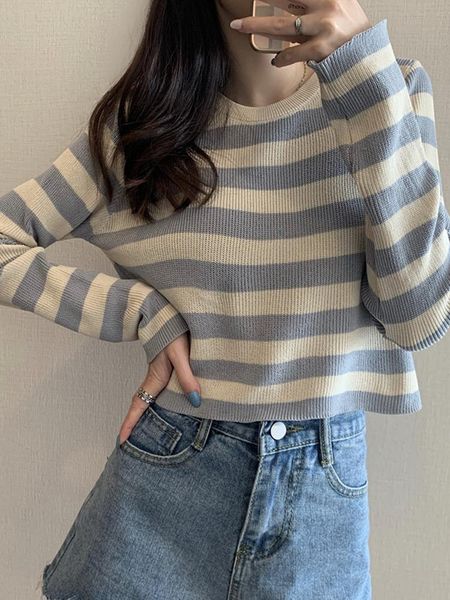 

women's t-shirt striped knitted long sleeve for female 2021 spring korean loose and thin lazy style short top, White