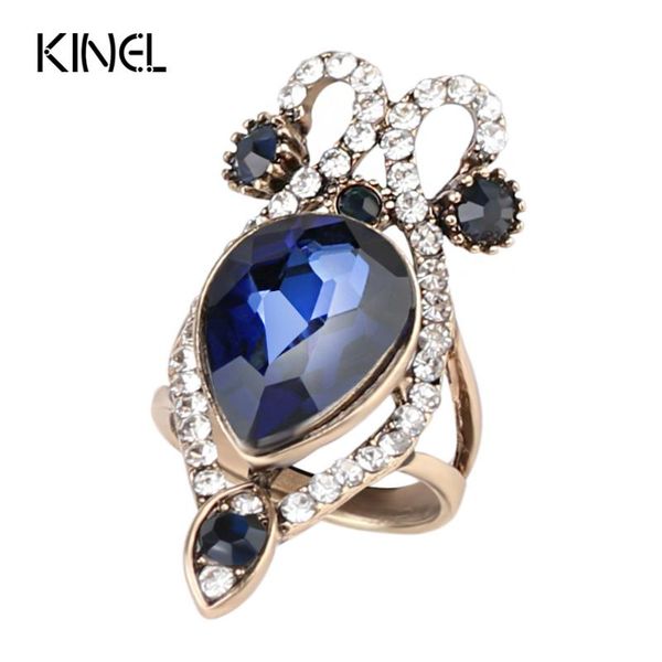

wedding rings kinel luxury blue glass for women big crystal antique gold color punk ring vintage jewelry party gift, Slivery;golden