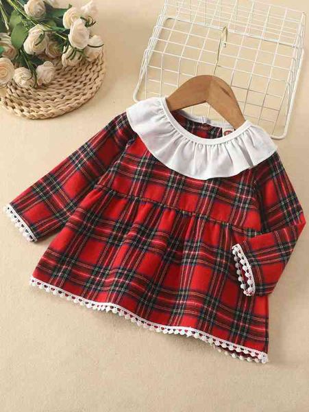 

baby tartan print ruffle trim guipure lace insert she, Blue
