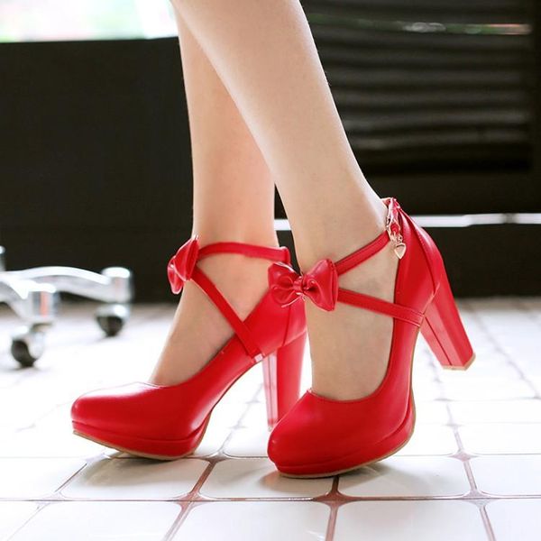 

dress shoes us4-11 womens pointy toe bowknot cross-strap block high heel platform pumps lolita sweet 4colors plus size, Black