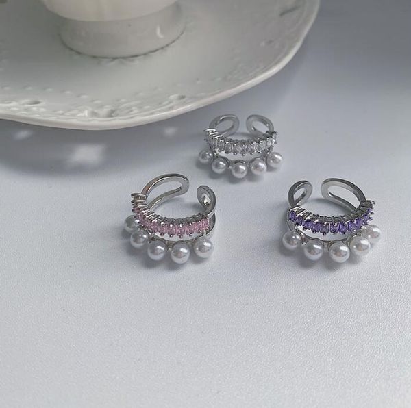 

wedding rings girl pearl pink purple rhinestone ring korean fashion elegant double layer three-dimensional index finger, Slivery;golden