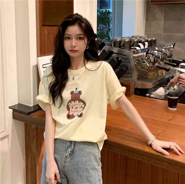 

2colors summer women korean style cartoon bear short sleeve t-shirts womens tee shirt femme (n0070) 210423, White