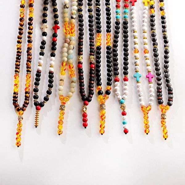 

pendant necklaces fashion ethnic buddha cross mens 2021 natural tiger eye stone beads long necklace women mala jewelry, Silver