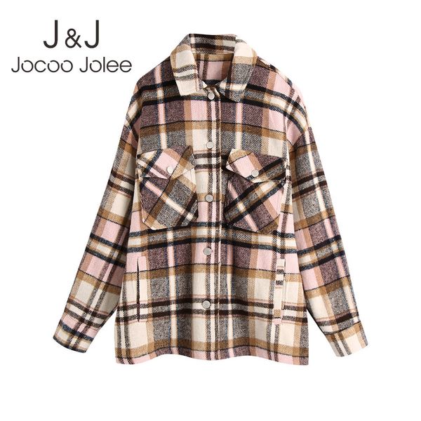 Jocoo Jolee Elegante Plaid-Muster Wolljacken Vintage Taschen Lose Mantel für Frauen High Street Dicke Tunika Kleidung Tops 210518
