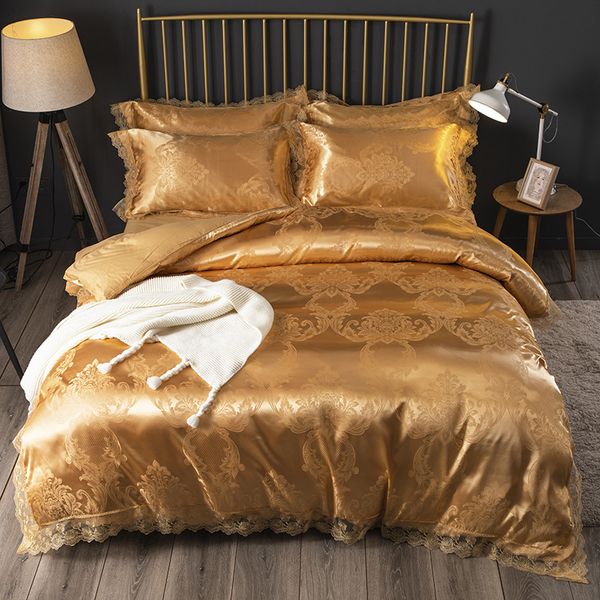 Café de prata de ouro Jacquard conjunto de cama de luxo sets rainha / king size conjunto de cama 4/6 pcs Algodão de seda de laço de laço de edredão capa bedsheet home têxteis