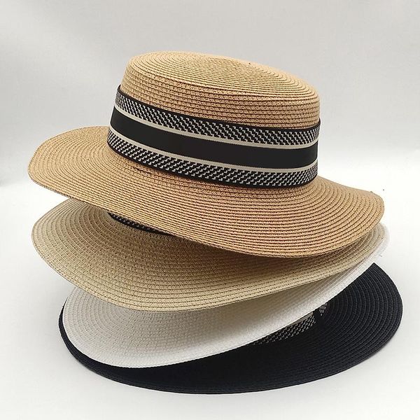 

wide brim hats summer raffia straw hat ribbon letter big ladies sun seaside vacation travel panama high-quality woman, Blue;gray