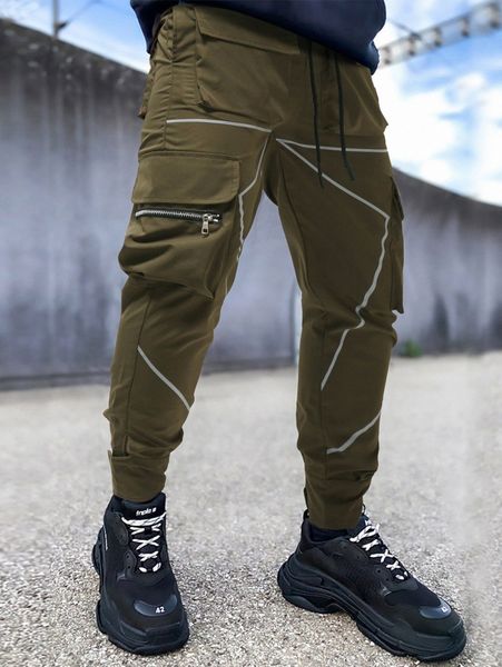 

men reflective binding zip pocket cargo pants m8so#, Black