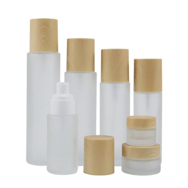 

5g 10g 20g 30g 50g cream jar 20ml 30ml 50ml 80ml 100ml 120ml frost glass perfume bottles wooden line cap lotion spray bottle storage & jars