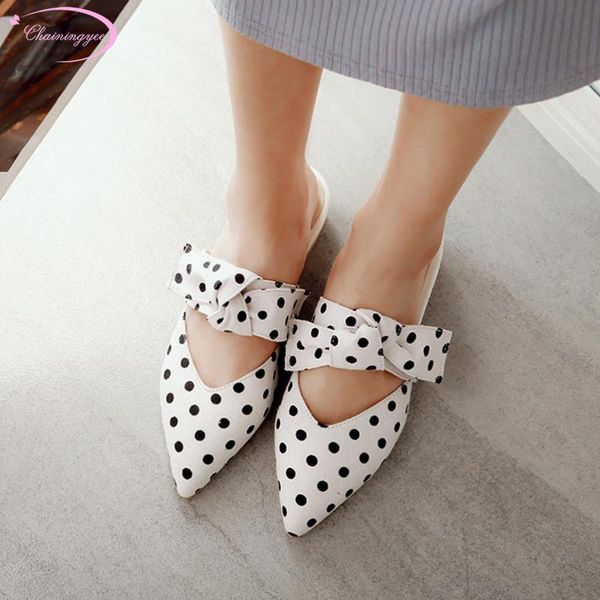 

slippers japanese sweet style pointed toe summer slipper fashion slip-on bowknot matching color dots low with thick women's shoes, Black