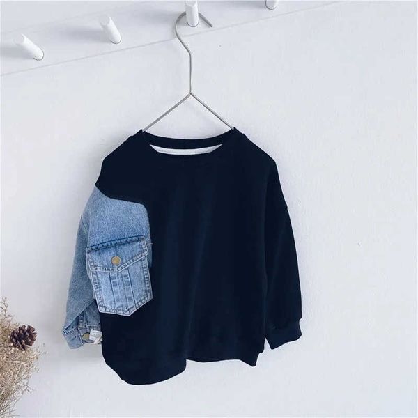 

autumn baby girls boys cute denim patch sweatshirts kids children long sleeve hoodies outerwear boys streewear clothes y0914, Blue