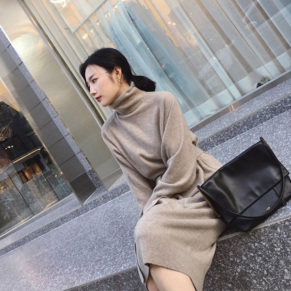 

casual dresses women 2021 spring autumn turtleneck sweater dress female long sleeve loose with belt ladies knitted vestidos y131, Black;gray