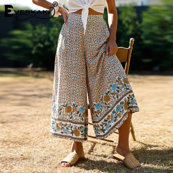

women's pants & capris everkaki boho floral print women loose casual summer gypsy ladies vintage wide leg bottoms female 2021 spring, Black;white