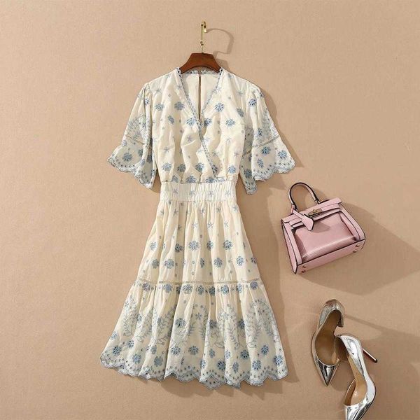 

fashion designer runway dress women's v-neck ruffles sleeve hollow out cotton embroidery sweet mini 210526, Black;gray