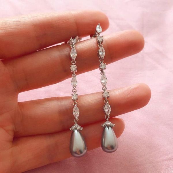 

dangle & chandelier bilincolor luxury wedding grey pearl korean long earring for women, Silver