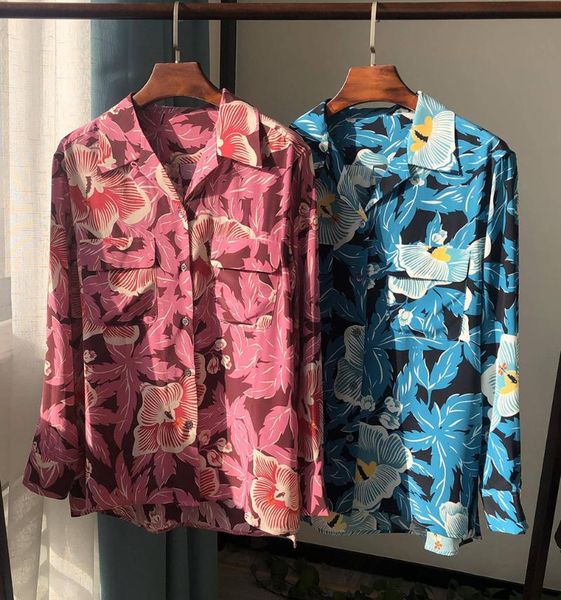 

women's blouses & shirts 7evening ladies high-end long sleeve notched silk floral printing shirt top, White