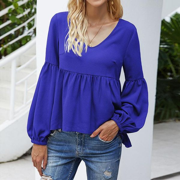 

women's blouses & shirts women fashion v neck long sleeve blouse casual solid autumn elegant pleated work wear shirt blusas, White