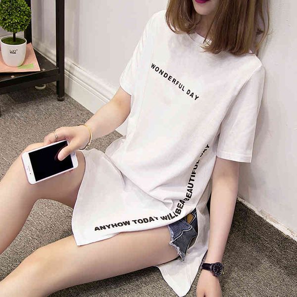 

women wonderful day print long t shirts loose slit femme cotton tshirt short sleeve ladies t-shirt 221c 210420, White