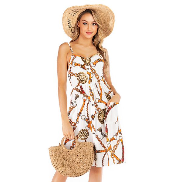 

charming dresses 2021 summer sleeveless suspender skirt chain print v-ne open ba swing, Black;gray