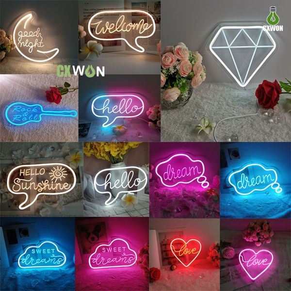 Sinais de néon de vários estilos Sweet heart Dream Led Night Light Welcome Hello Sunshine Acrílico Dimming Decoração do quarto