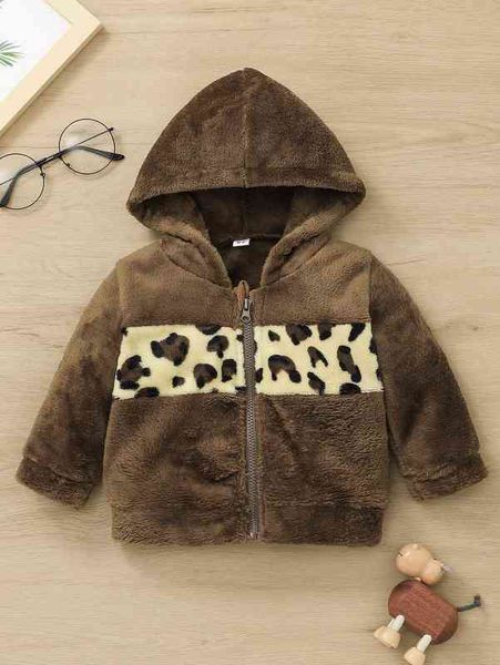 

baby leopard pattern hooded flannel jacket she, Blue;gray