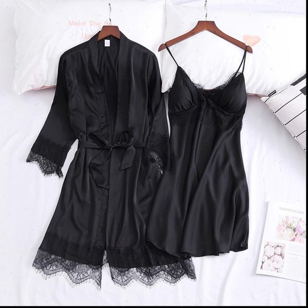 

spring summer silk pajamas sets women sleepwear solid nightgowns v neck with lace bathrobe loose short nightgown, Black;red