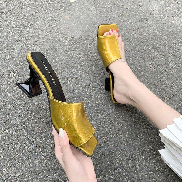 

slippers women sandals high heel slipper transparent leather splicing mules fashion casual female shoes zapatillas mujer, Black