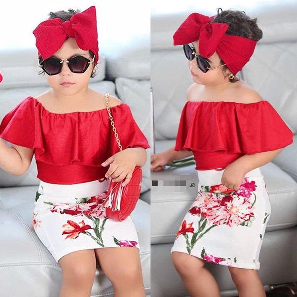 

summer kid baby girl clothes red off shoulder +floral skirt+headband outfit clothing sets 2021, White