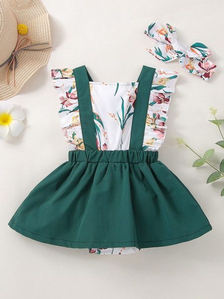 

baby floral print ruffle trim bow back combo bodysuit dress she, Red;yellow