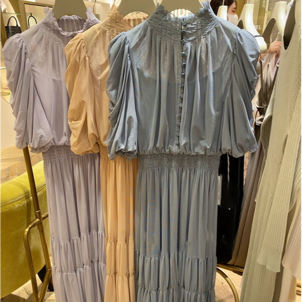 

2021stand collar puff sleeve pleated dress spring chic button design women dresses japan style sweet office lady slim waist robe, Black;gray