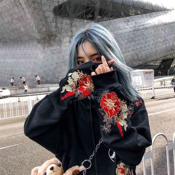 

women's hoodies & sweatshirts houzhou harajuku oversized hoodies feminino estilo chinÃªs bordado outono inverno veludo casal pulÃ´ver str, Black
