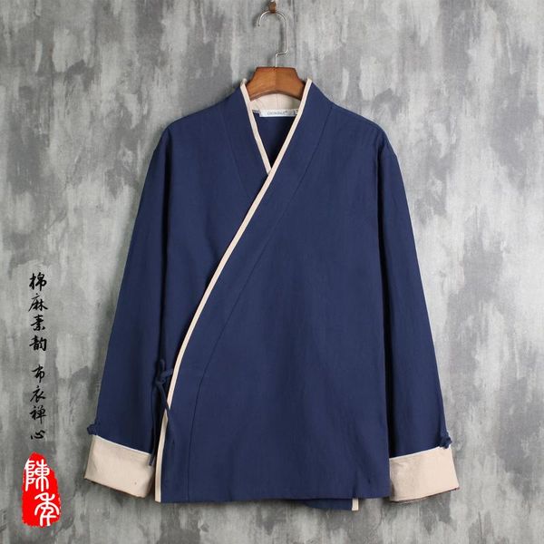 

men's jackets plus size 4xl 5xl men linen shirts long sleeve chinese style mandarin collar traditional tang casual social shirt, Black;brown