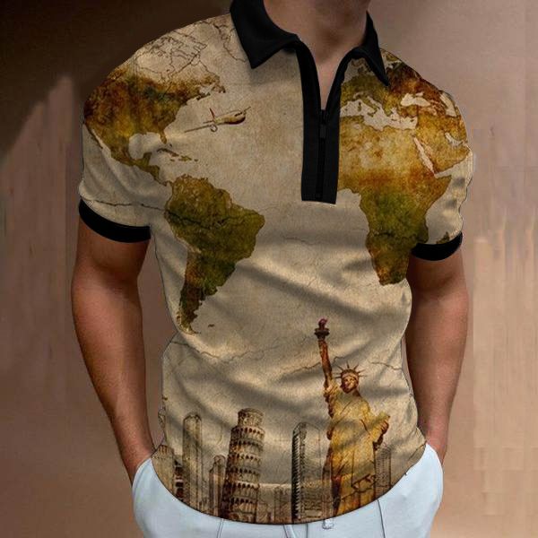 

world map pattern men's zipper polo t shirt comfortable breathable fashionable cool daily travel work party, White;black
