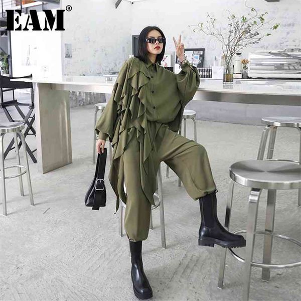 

[eam] wide leg pants ruffles big size two piece suit lapel long sleeve black loose women fashion spring autumn 1z84706 210709, White