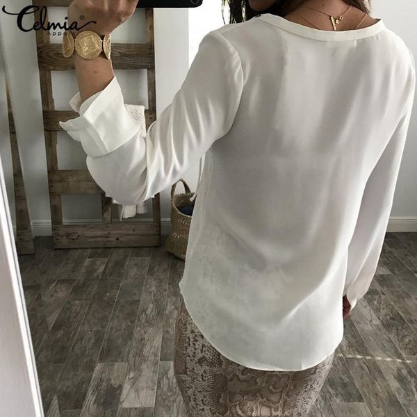 

women's blouses & shirts celmia fashion women blouse chiffon lace up v neck ruffles long sleeve casual plus size blusa femininas 3xl n0, White