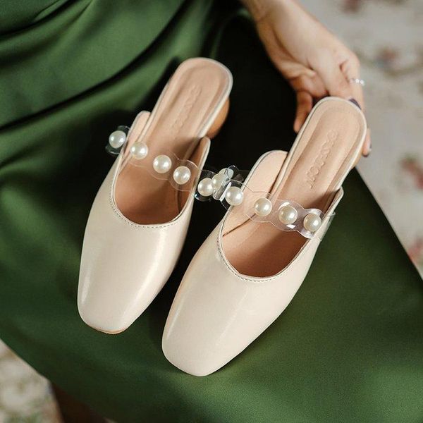 

slippers summer style korean pearl baotou sandals and women fashion outer wear mid-heel thick heel, Black