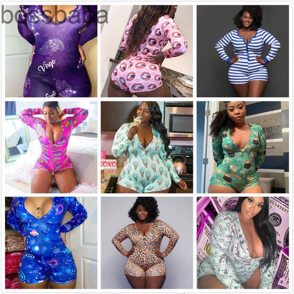 

plus size jumpsuits & rompers xl-5xl designer women jumpsuit onesies long sleeve nightwear cartoon printed shorts button casu, Black