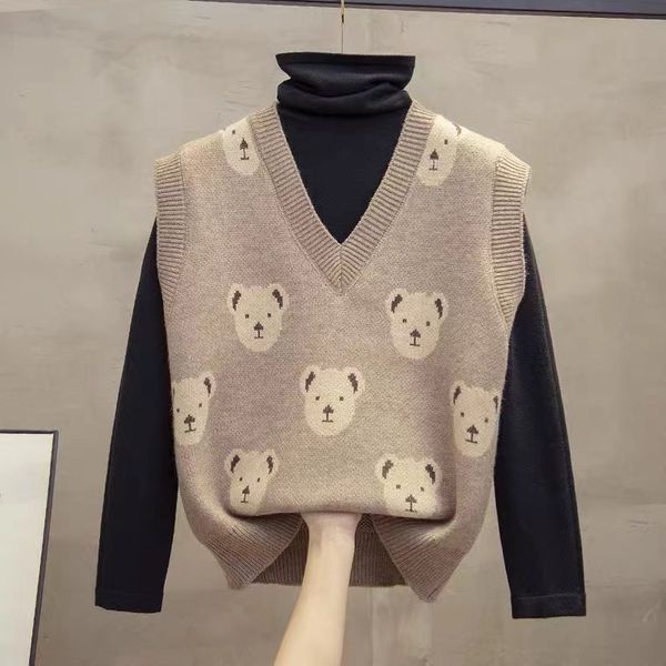 

cartoon aging v-neck knitted women's loose sweater vt in autumn and winter 2021, Black;white