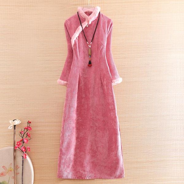 

women qipao dress winter patchwork fur corduroy vintage elegant lady warm cheongsam s -xxl ethnic clothing, Red