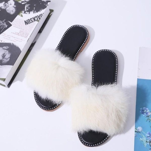 

fashion black fur slippers 2021 women real slides home furry flat sandals female cute fluffy house shoes woman
