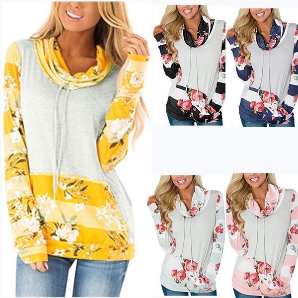 

women's pullover striped and floral pattern cotton pile neck fashionable warm long-sleeved streetwear loose s-2xl hoodies & sweatshirts, Black