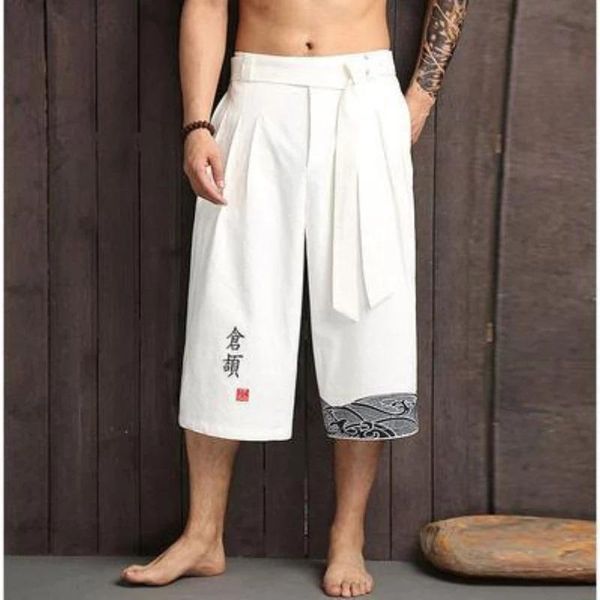 

gym clothing japanese and korean kimono men's linen cropped trousers yoga loose long 3/4 pant summer bushido training pants taekwondo, White;black