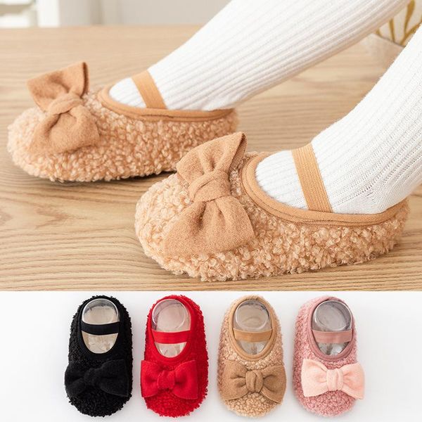 

socks winter warm baby cute bows non-slip soft soled born toddler shoes for girl home floor first walkers, Pink;yellow