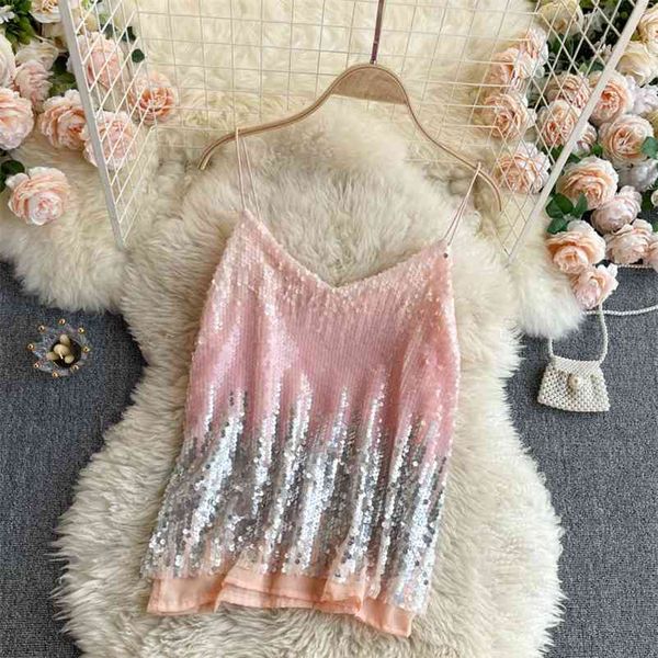 

women sequins lining sleeveless camis gradient versatile slim fashion spring summer 11b786 210525, White