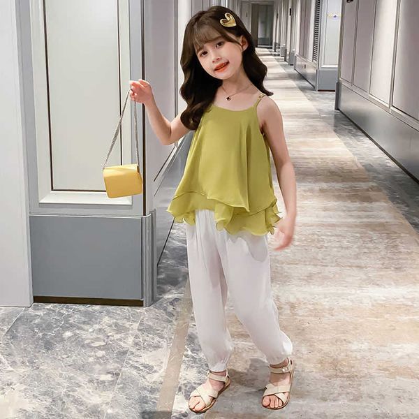 

casual new girls summer sets child fashion two piece suit children's clothing 12 girl clothes 8 solid color sling sets 9 years, Red;yellow